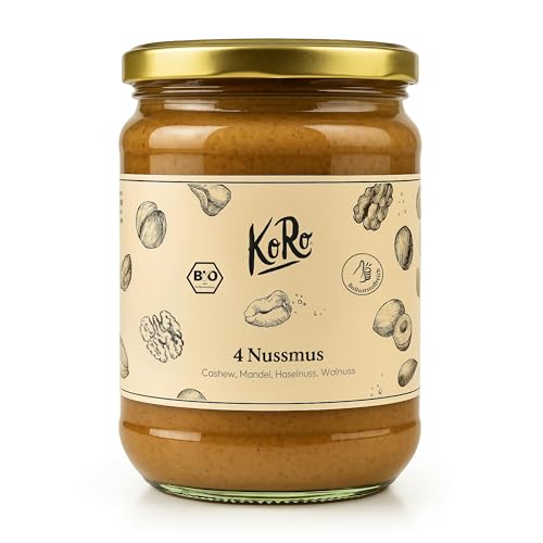 KoRo - Bio 4 Nussmus aus Cashew, Mandel, Haselnuss und Walnuss 500 g - Vegan - Ballaststoffreich - 100% Nuss - Ohne Zusätze