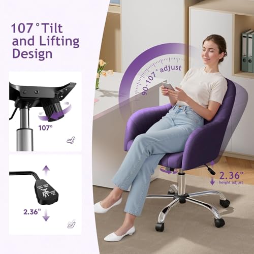 Image of Velvet Desk Chair for Home Office, Adjustable Swivel Task Chair Modern Computer Vanity Chairs with Arm Rest for Bedroom Living Room Make-up Room (Purple)