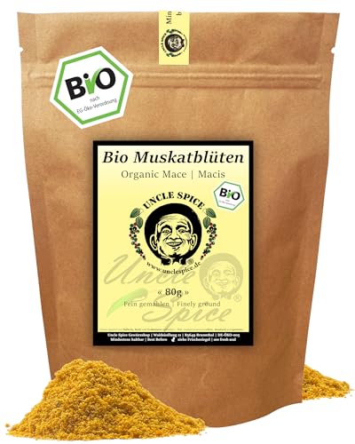UNCLE SPICE BIO Muskatblüten gemahlen 80g Fein gemahlener Bio Macis Aromatisches Gewürz für Süßspeisen Backen Currys & Gemüse Warm süßlich & würzig Naturrein & vegan DE ÖKO 005