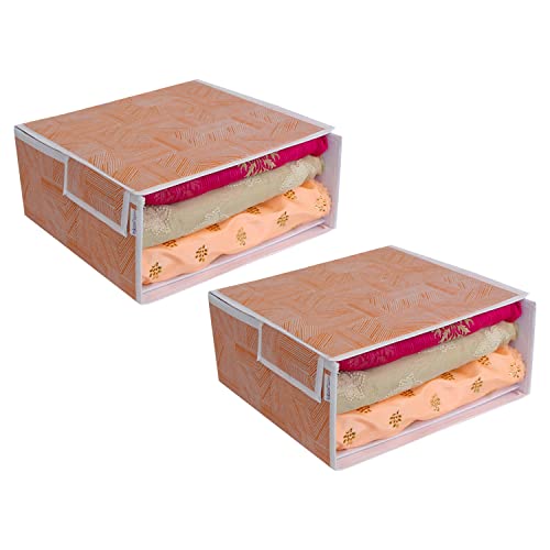Image of PRETTY KRAFTS Stackable Fabric Saree Storage Organizer for wardrobe, Clear front window with Lid, Stackable organizers, Perfect to organize sarees in a wardrobe, Set of 2, JuteOrange