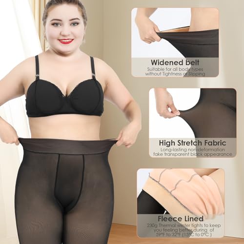 Image of Black Plus Size Fleece Lined Tights for Women Fake Translucent Pantyhose Warm Winter Thick Sheer Thermal Leggings