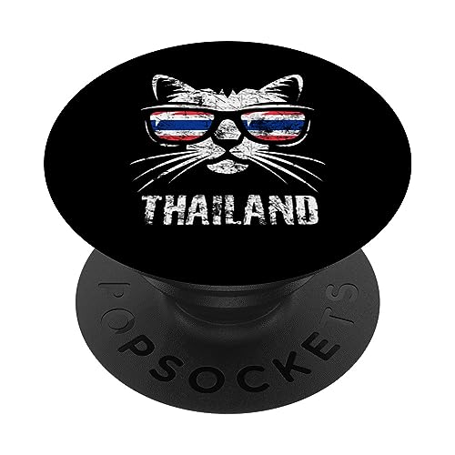 Funny Cat Vintage Thailand Flag PopSockets Swappable PopGrip, Black