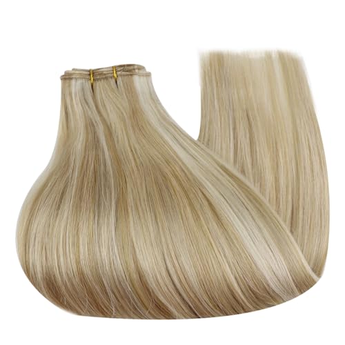 Image of Full Shine Sew In Weft Hair Extensions, 22 Inch 105G P27 /613 Blonde | Color Caramel Blonde Mix Platinum Blonde, Remy Human Hair, Invisible Weft, Daily Wear For Women