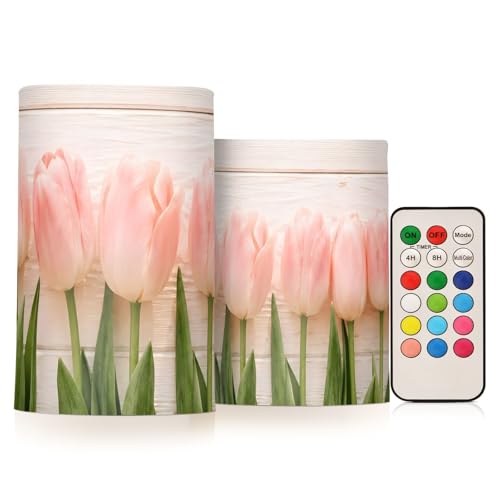 Image of Lights Flameless Candles Spring Pink Tulip Flower Pillar Candles Set of 2 Battery Operated Remote Control Warm Lights Home Decor
