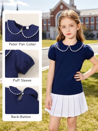 Image of Girls Peter Pan Collar Blouse Kids Short Sleeve School Shirt | Girls 12M-14Y preppy tee, scalloped Peter Pan collar, puff short /ruffle long sleeves. Breathable cotton for school & daily.