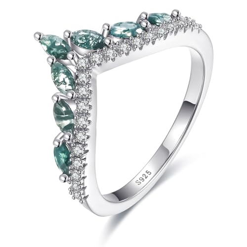 Engagement Rings for Women 925 Sterling Silver Wedding Band Natural Moss Agate/Black Rutilated Quartz Gemstone Rings Promise Ring Size 5-92