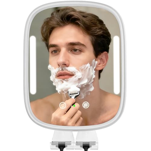 Miroir de douche chauffant anti-buée pour hommes, miroir de rasage rechargeable anti-buée sans perçage - éclairage réglable avec 2 supports pour rasoirs...