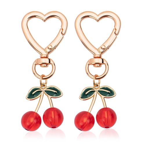 New Fashion Kingdom Cute Cherry Keychain Kawaii Cherry Bag Purse Charms for Women Car Keys Decor Gifts Accessories (Red & Red)