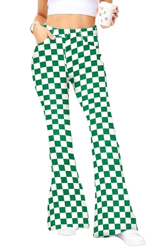 Green Checkered Pants Women's Stretch Plaid Jeans with Pockets St