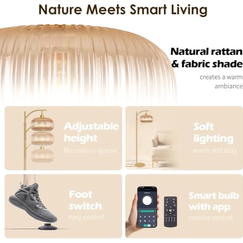 Image of Glass Floor Lamp for Living Room, Bedroom, Gold Tall Lamp with Amber Shape