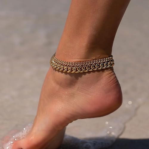 Image of Freekiss Sterling Silver Ankle Bracelets for Women: Dainty Layered Waterproof Anklet for Women Adjustable Womens Anklet Set Stackable Figaro Beaded Cuban Link Anklets Beach Jewelry for Women