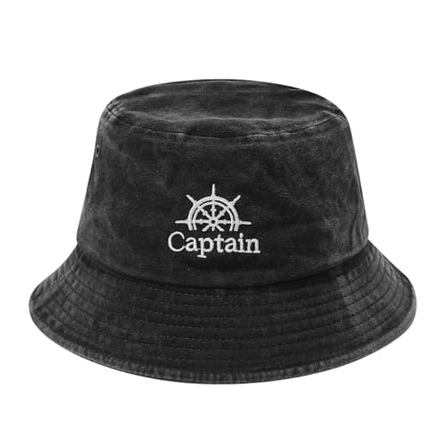 Quanhaigou Bucket Hats Unisex Sun Summer Travel Beach Fishing Cap for Men Women Teens, Washed Black Captain, One Size