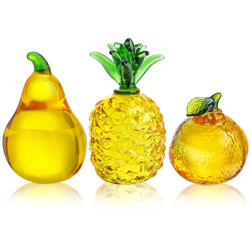 KRISININE Lot de 3 décorations de fruits en verre - Ananas orange - Poire - Figurine - Décoration pour la maison ou le mariage