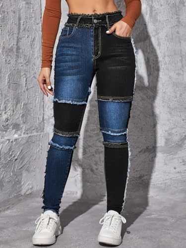 Jeans Pants Trousers Denim Slim Fit Mid Waist Fringed Elastic Tight Fit Color Blocked Casual Jeans for Women3