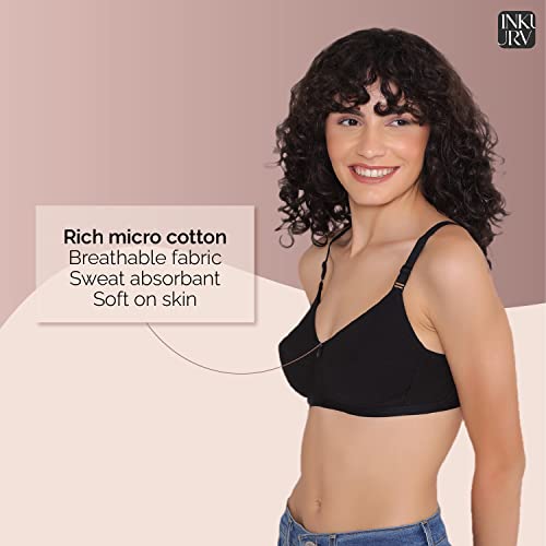 Image of INKURV Cotton Hosiery Bra for Women's Daily use, Full Coverage Bra for Regular wear, Non Padded, Non Wired Everyday Bra with Rich Cotton-Zoe Combo of 3
