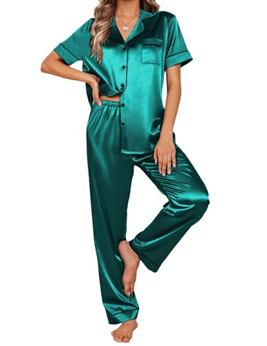 Image of Ekouaer 2 Piece Satin Short Sleeve Pajamas Set Button Down Sleepwear
