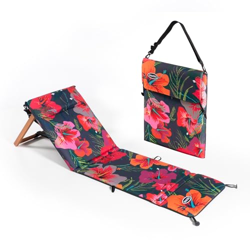 Wacho Outdoor Folding Beach Chair – Ultralight Reclining with Adjustable Wooden Backrest, Foam Padding & Water-Resistant Recycled Fabric – Portable Lounge Chair for Beach, Camping – Red and Dark Blue