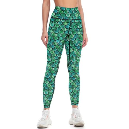 Tadxcjz Green Mermaid Scales High Waisted Yoga Pants for Women 4-Way Stretch Soft Running Workout Leggings Athletic Yoga Pants L