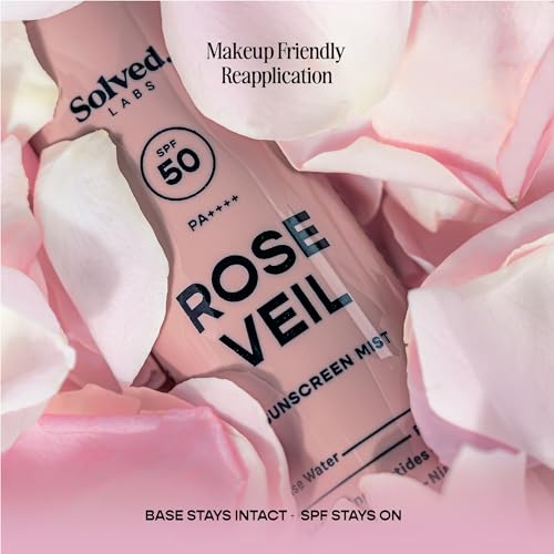 Image of Solved Labs Rose Veil Sunscreen Spray /Mist | SPF50 PA++++ | Rose Water & PDRN, Niacinamide & Brightening Peptides | Lightweight UV Protection Spray Sunscreen | For All Skin Types | 100ml