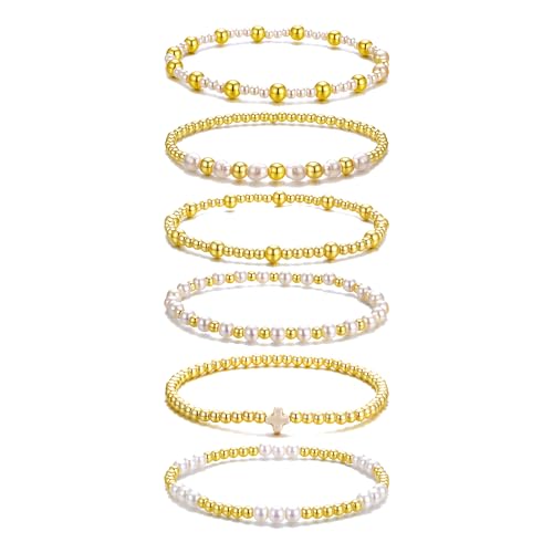 BROCC 6PCS Gold Beaded Anklet for Women Pearl And 14K Gold Bead Anklet Stackable Stretch Beads Jewelry Sets