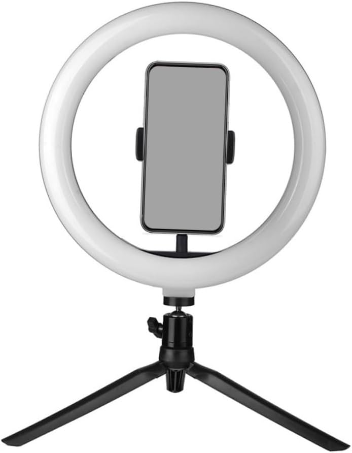 10-inch USB Selfie Light Phone Tripod Stand with Remote, Three-Color Continuous Dimming for Live Streaming and Makeup, Black Phone Holder with Clamp and Metal Bracket