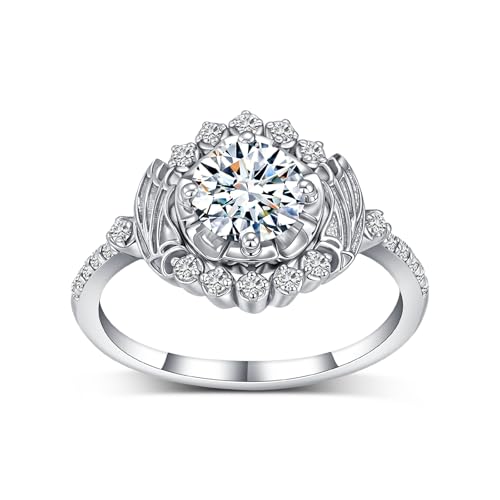 Round Cut Moissanite Wedding Ring Set for Women, 10K 14K 18K Gold Round Half Halo 1-2 CT Moissanite Flower Cluster Engagement Ring Wedding Band Bridal Ring Sets Jewelry Gifts for Her2