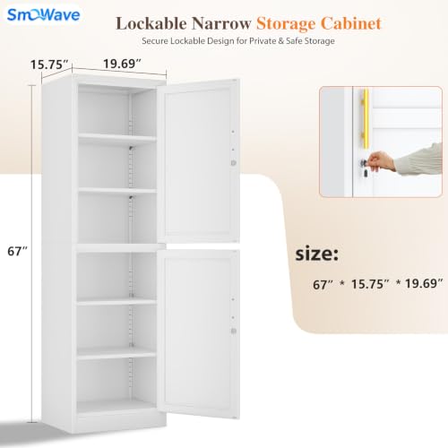 Image of Metal Locker Storage Cabinet Tall Narrow Storage Cabinets with Adjustable Shelves and for Home Office, Living Room, Dining Room (White 2 Door)
