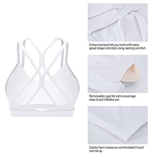 YOGAPRO Women's Sports Bra, Crisscross Back Padded Strappy Sports Bra Medium Support Yoga Bra with Removable Cups White - Image 4