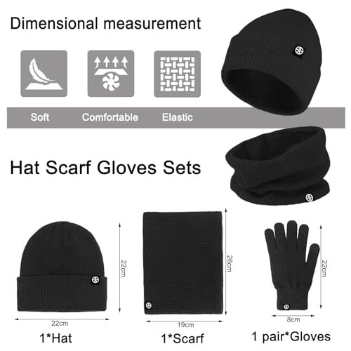 Enwokran 3 Stück Wintermütze Mütze Handschuhe Schal Set Thermo Strickmütze Elastischer Weiches Fleece Gebürstetes Innenfutter Schal Touchscreen Handschuhe Set für Kaltes Wetter (Schwarz)