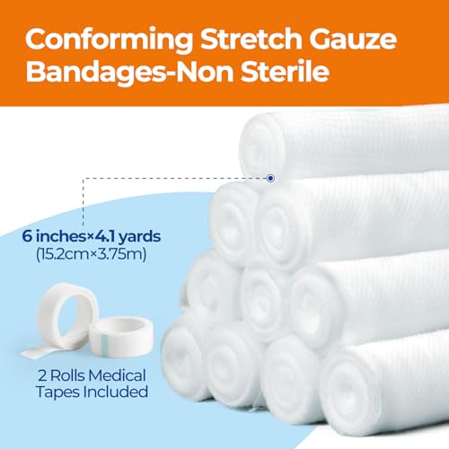 Image of Gauze Rolls Bandages 6 inch x 4.1yds, Conforming Stretch Gauze Bandage 6 Inch, 24 Rolls Individually Wrapped Includes Medical Tape