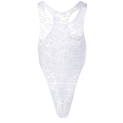 IWEMEK Men's One-Piece High Cut G String Underwear Wrestling Singlet Leotard Bodysuit Thongs White Medium