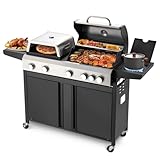 UPHYB 3 IN 1 Pizza Griddle Grill Combo, 74,000 BTU 5-Burner Stainless Steel Propane Gas Grill with Side Burner, Porcelain Enameled Cast Iron Grates, Griddle & Pizza Oven for Outdoor Patio Backyard