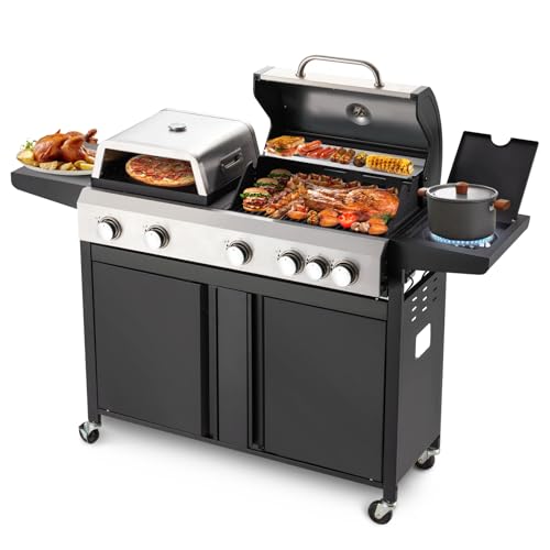 UPHYB 3 IN 1 Pizza Griddle Grill Combo, 74,000 BTU 5-Burner Stainless Steel Propane Gas Grill with Side Burner, Porcelain Enameled Cast Iron Grates, Griddle & Pizza Oven for Outdoor Patio Backyard