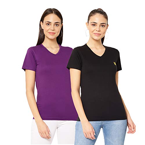 Image of Mack Jonney Women Cotton Blend V Neck Half Sleeve Regular Fit T-Shirt (Pack of 2)