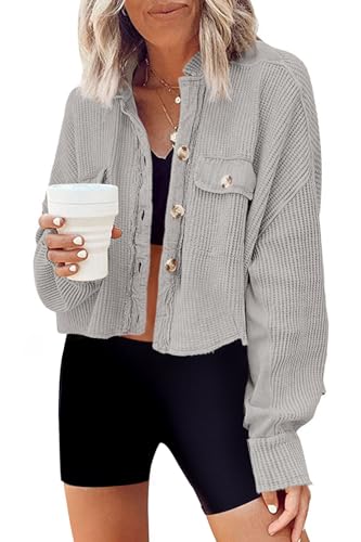 Image of Panadila Women's Cropped Waffle Knit Shacket Short Button Down Jacket Batwing Sleeve Shirts with Pocket