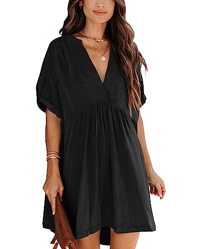 Minclouse Women's Babydoll Short Sleeve Tunic Dress V Neck Cute Casual Loose Dresses (Black,Large,Female,Adult,US,Alpha,Large,Regular,Regular)
