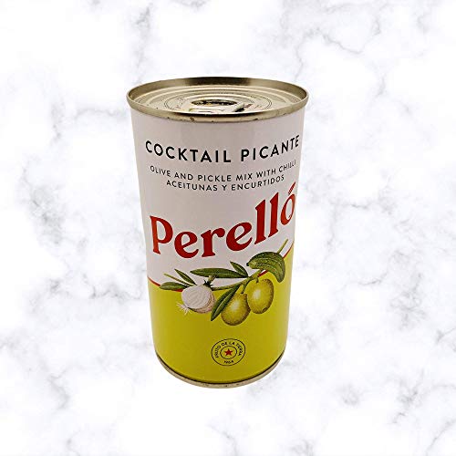 Perello Olives Variety Pack 4 x 350g Gross (150g Net) Spanish Gordal Picante Green Olives, Manzanilla Picante Olives and Cocktail Picante Olives. Securely Boxed
