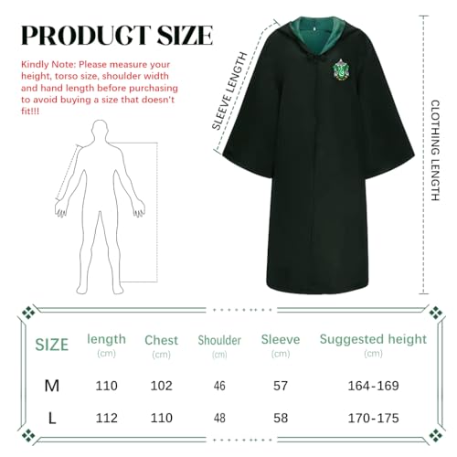 Image of PATPAT Harry Costume Cloak Cosplay Robe for Women Men, House of Slytherrin Outfit Set with Tie, Wand & Round Glasses, Magic Wizards Halloween Costume for Teens Adults, Compatible with Size M