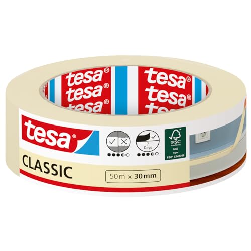 tesa Cinta de Carrocero CLASSIC - Cinta de Enmascarar para Trabajos de Pintura - Sin Disolventes, Removible sin dejar Residuos - 50 m x 30 mm, Beige