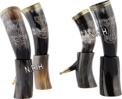 Miniatura 3 de Nautical Replica Hub Set De Cuerno Para Beber, Mead, Ale, Auténtico Cuerno Vikingo Tallado Con Porta Cerveza Estilo Medieval Inspirado En Juego De Tronos Juego De 4