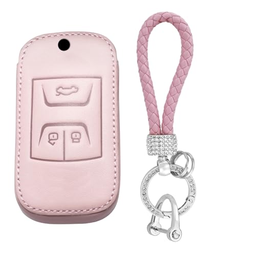 WUZUTU Leather Smart Keyless Remote Car Key Fob Case Compatible with Chery Tiggo 3 4 7 8 Arrizo 5 5X 8 GX Glx 2019-2022 Full Protection Waterproof Vehicle Key Cover Shell with Keychain 3 Buttons Pink
