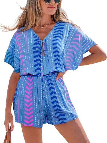 Image of CUPSHE Womens Summer Romper Short Sleeve Plunge V Front Tie Wide Leg Jumpsuit Elastic Waist Beach Workout Romper Outfits