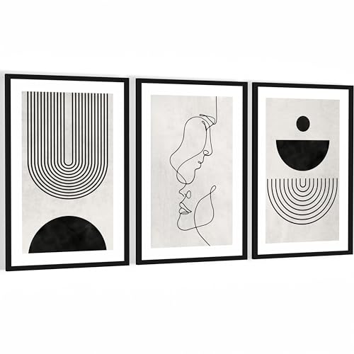 Novart Wandbilder mit Rahmen Linien - Wohnzimmer Schlafzimmer Büro Wanddeko - 3 Bilder Set 128x60 cm Schwarz - N133336aR2