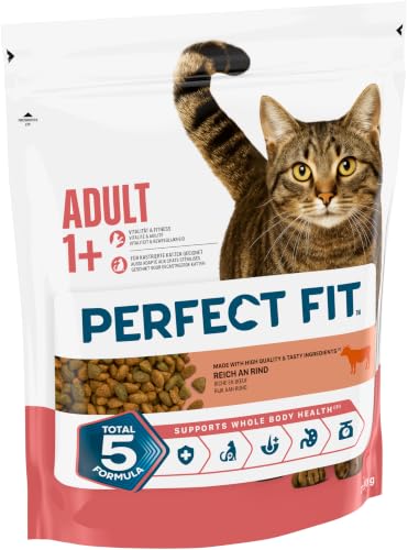 PERFECT FIT Adult Trockenfutter für erwachsene, aktive Katzen ab 1 Jahr - Rind, 750g (6 Beutel)