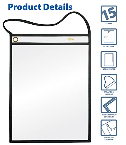 Shop Ticket Holders With Hanging Strap, 9 X 12 Inches, Both Sides Clear, Stitched Black Heavy Duty Canvas Edge Trim, By Better Office Products, 15 Pack #TOP1