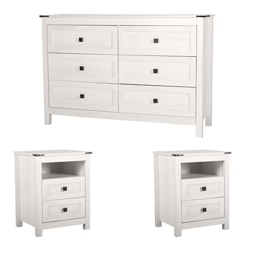 BTDWI Farmhouse 6 Drawer Dresser & 2 Nightstand Sets for Bedroom, Wooden Dresser with Metal Handle for Bed Room, Hallway, Light Beige Rustic Oak