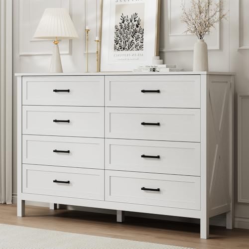 Image of LYNSOM Farmhouse 8 Drawer Dresser for Bedroom, 55 Inch Wide Wood Rustic Chest of Drawers with X-Marking & Bar Handle, Large Storage Dressers Organizer for Bedroom, Living Room, White