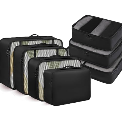 Packing Cubes Travel Organizer Cubes 7 Set Packing Bags for Travel Luggage Organiser Clothing Sorting Bags for Suitcases Travel Pouches Accessories Organizers (Black)