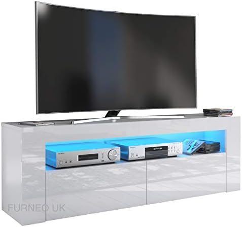 Furneo White TV Stand 145cm Unit Cabinet Matt & High Gloss Clifton13 Blue LED Lights