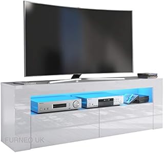 Furneo White TV Stand 145cm Unit Cabinet Matt & High Gloss Clifton13 Blue LED Lights